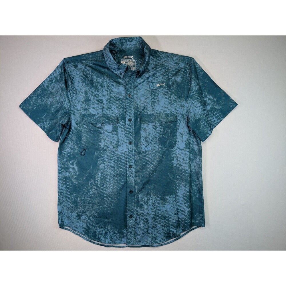 Silver Bait Fishing Shirt Size M Short Sleeve Blue Water Print Vented Polyester